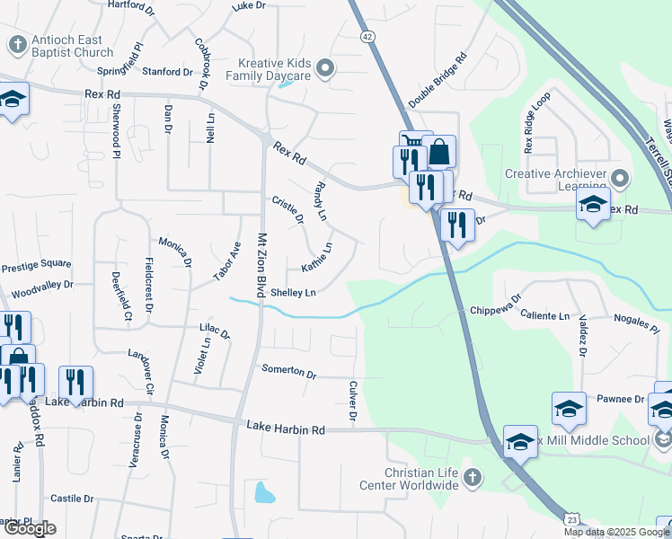 map of restaurants, bars, coffee shops, grocery stores, and more near 2802 Shelley Lane in Ellenwood