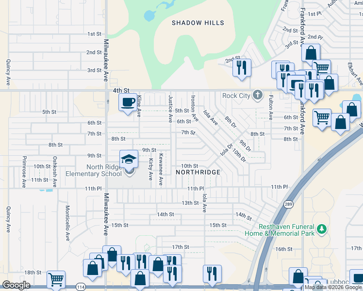 map of restaurants, bars, coffee shops, grocery stores, and more near 6126 9th Street in Lubbock
