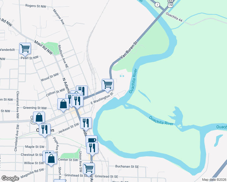 map of restaurants, bars, coffee shops, grocery stores, and more near 441 East Washington Street in Camden