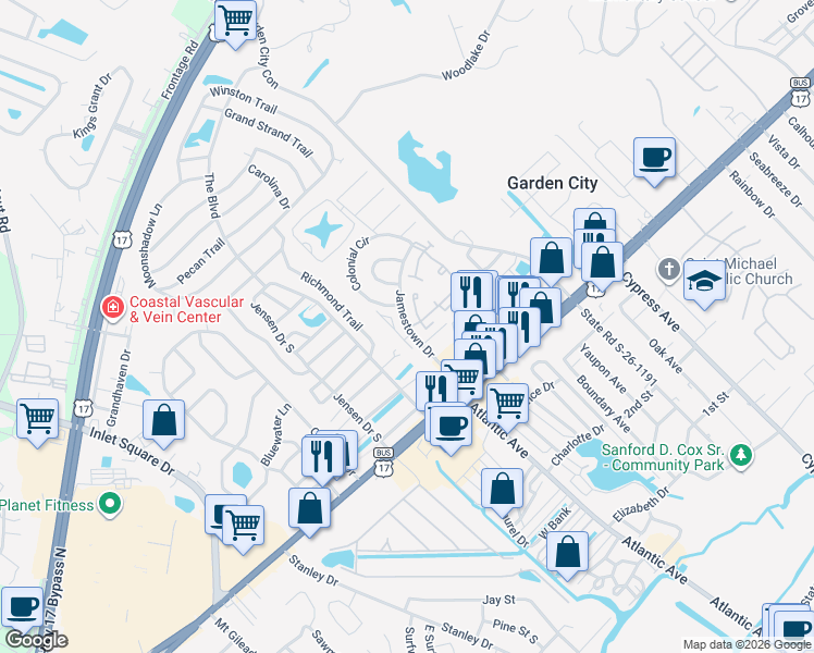map of restaurants, bars, coffee shops, grocery stores, and more near 742 Jamestown Drive in Murrells Inlet