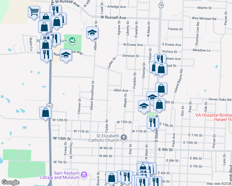 map of restaurants, bars, coffee shops, grocery stores, and more near 505 Allen Avenue in Bonham