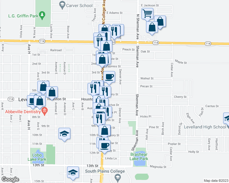 map of restaurants, bars, coffee shops, grocery stores, and more near 123 Cherry Street in Levelland