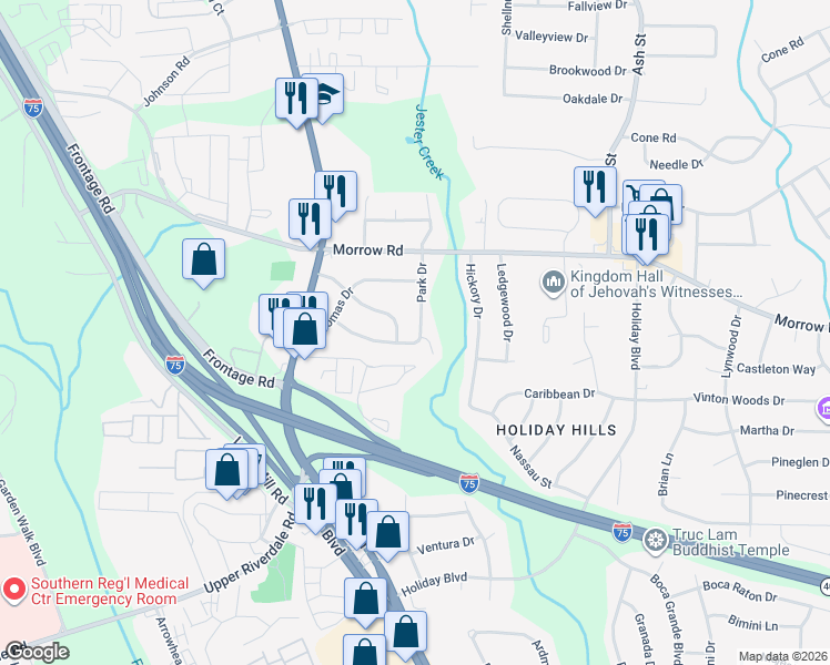 map of restaurants, bars, coffee shops, grocery stores, and more near 6097 Park Drive in Forest Park