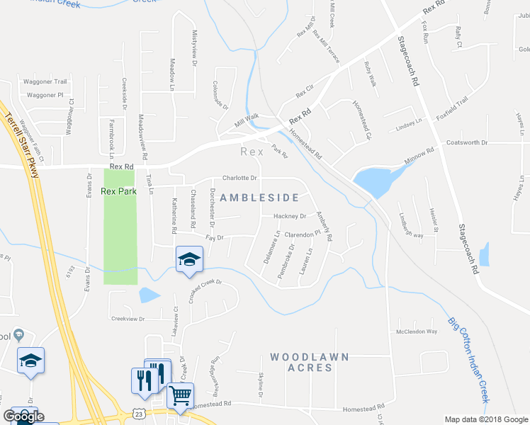 map of restaurants, bars, coffee shops, grocery stores, and more near 6082 Amberly Road in Rex
