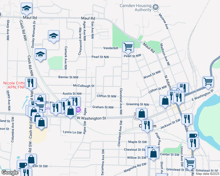 map of restaurants, bars, coffee shops, grocery stores, and more near 645 McCullough Street in Camden