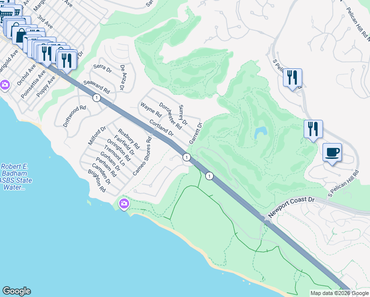 map of restaurants, bars, coffee shops, grocery stores, and more near 4839 Cortland Drive in Newport Beach