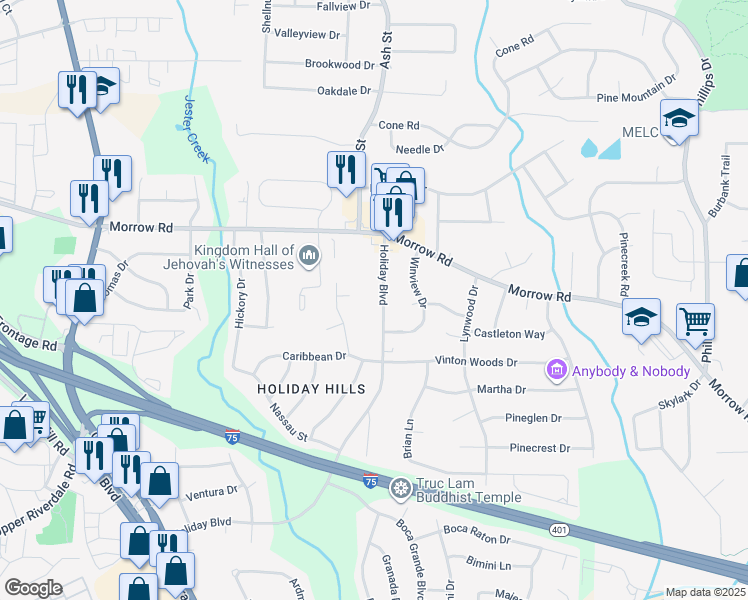 map of restaurants, bars, coffee shops, grocery stores, and more near 6083 Holiday Boulevard in Forest Park