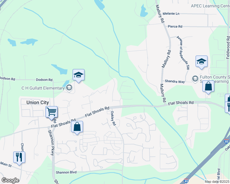 map of restaurants, bars, coffee shops, grocery stores, and more near 6120 Oakley Road in Union City
