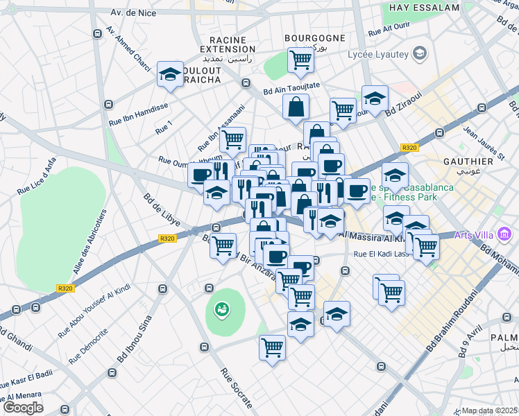 map of restaurants, bars, coffee shops, grocery stores, and more near Boulevard Al Massira Al Khadra in Casablanca