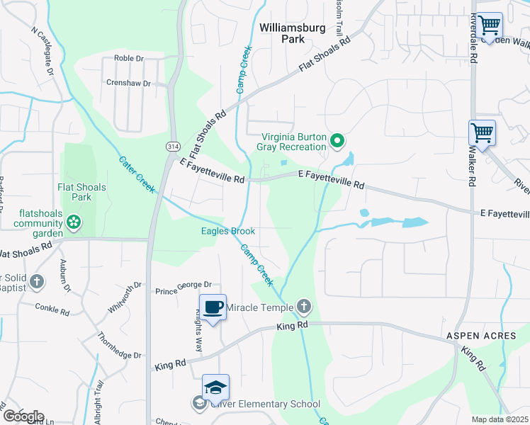 map of restaurants, bars, coffee shops, grocery stores, and more near 6120 East Fayetteville Drive in Riverdale