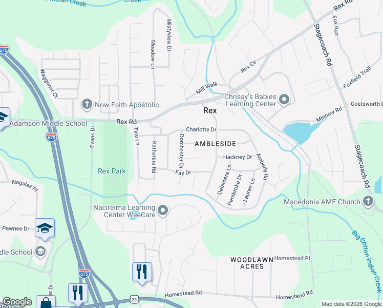 map of restaurants, bars, coffee shops, grocery stores, and more near 3678 Ashbill Court in Rex
