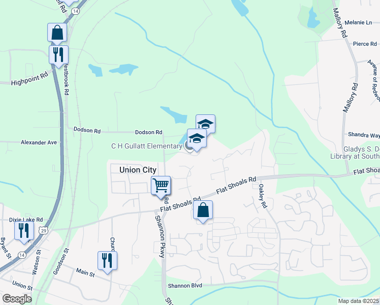 map of restaurants, bars, coffee shops, grocery stores, and more near 6110 Dodson Road in Union City