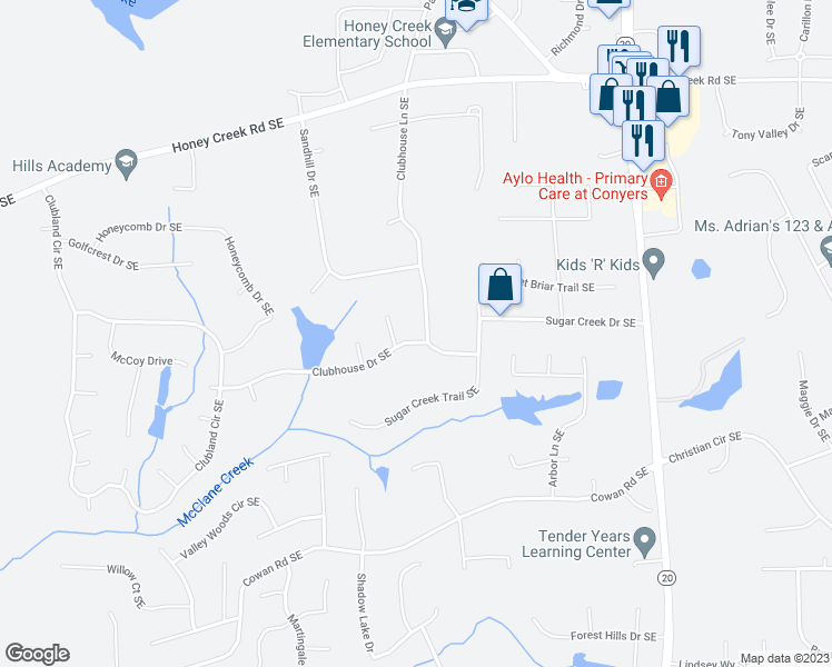 map of restaurants, bars, coffee shops, grocery stores, and more near 704 Clubhouse Drive Southeast in Conyers