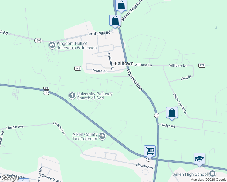 map of restaurants, bars, coffee shops, grocery stores, and more near 127 English Oak Lane in Aiken