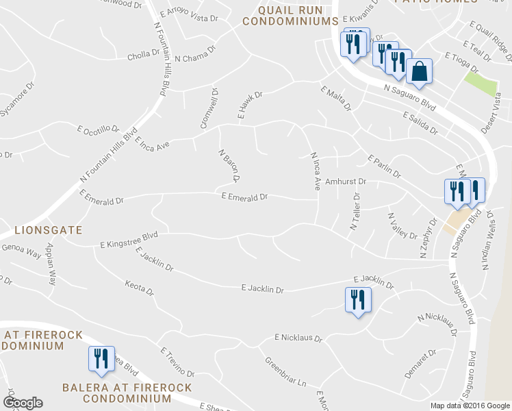 map of restaurants, bars, coffee shops, grocery stores, and more near 16609 East Emerald Drive in Fountain Hills