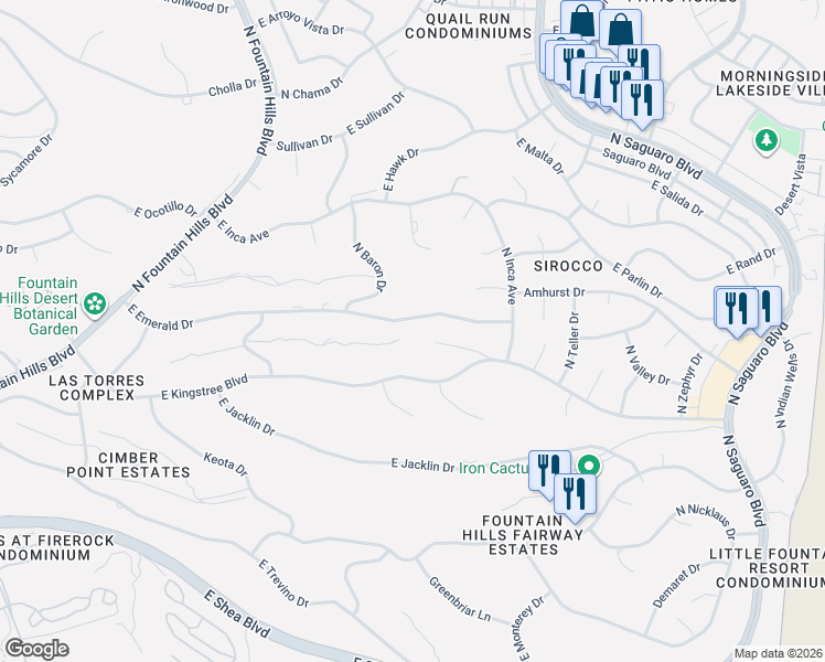 map of restaurants, bars, coffee shops, grocery stores, and more near 16609 East Emerald Drive in Fountain Hills