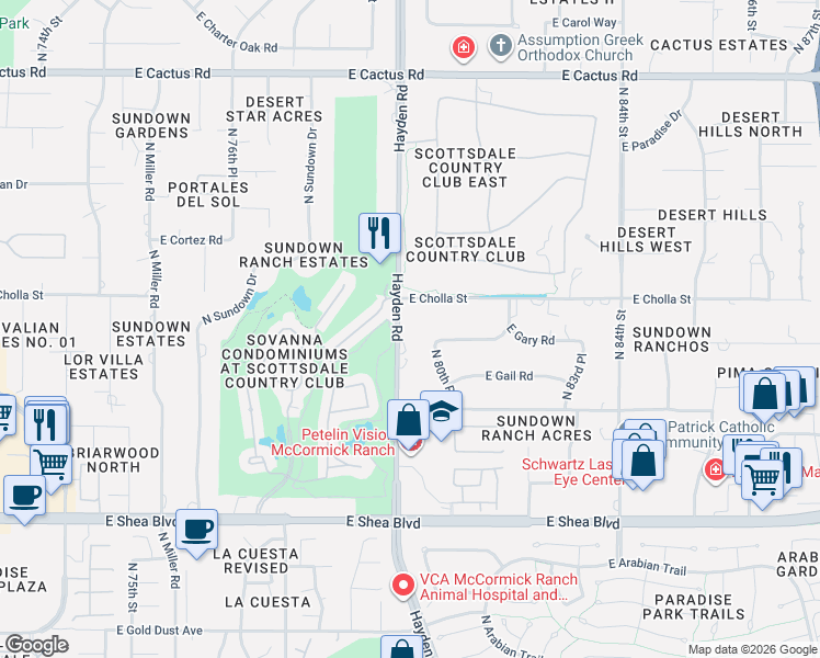 map of restaurants, bars, coffee shops, grocery stores, and more near 8030 East Gary Road in Scottsdale