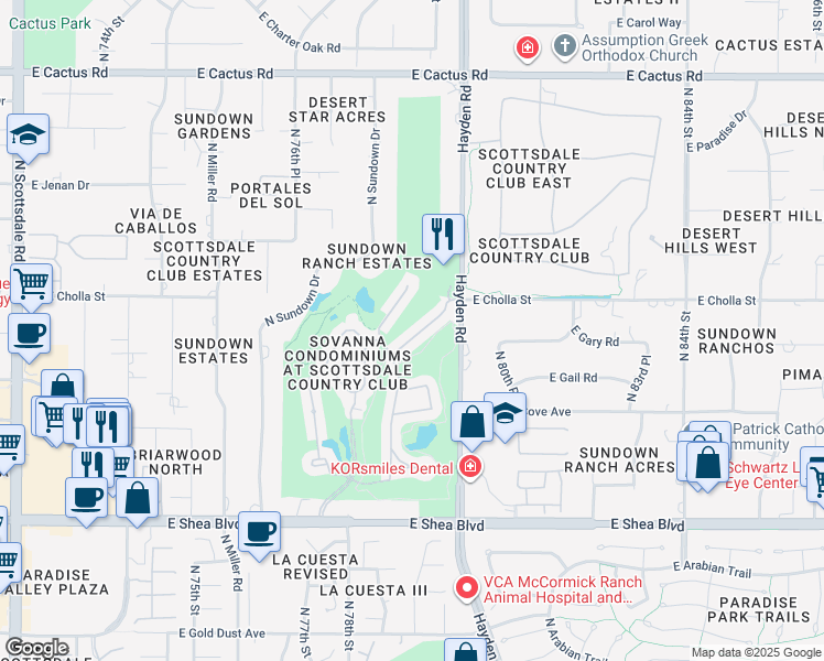 map of restaurants, bars, coffee shops, grocery stores, and more near 7909 East Cholla Street in Scottsdale