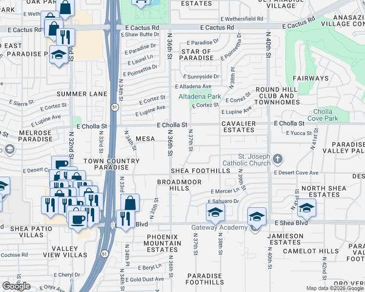 map of restaurants, bars, coffee shops, grocery stores, and more near 3631 East Garden Drive in Phoenix