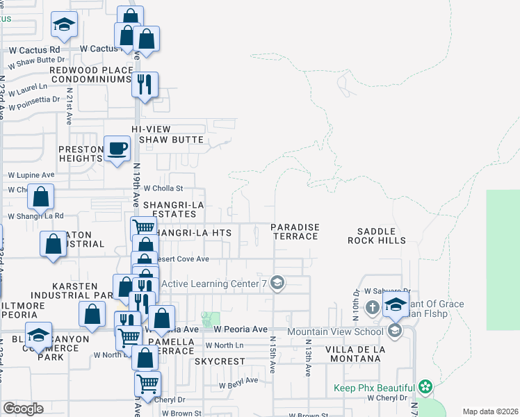 map of restaurants, bars, coffee shops, grocery stores, and more near 1530 West Shangri-la Road in Phoenix