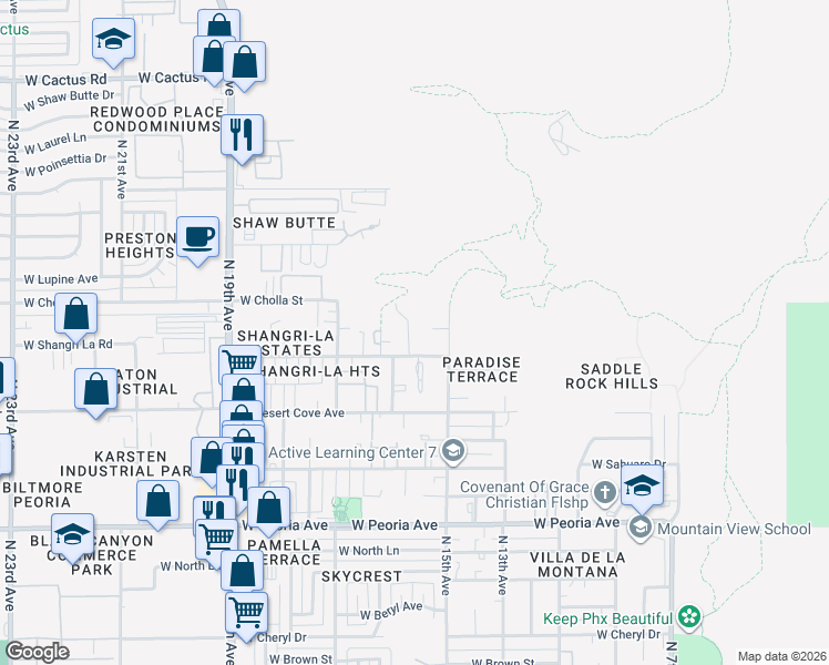 map of restaurants, bars, coffee shops, grocery stores, and more near 1530 West Shangri-la Road in Phoenix