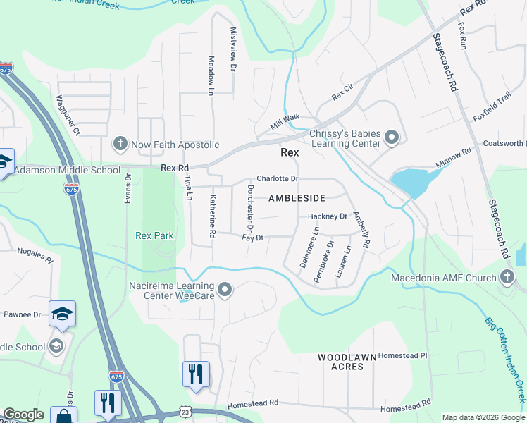 map of restaurants, bars, coffee shops, grocery stores, and more near 3678 Ashbill Court in Rex