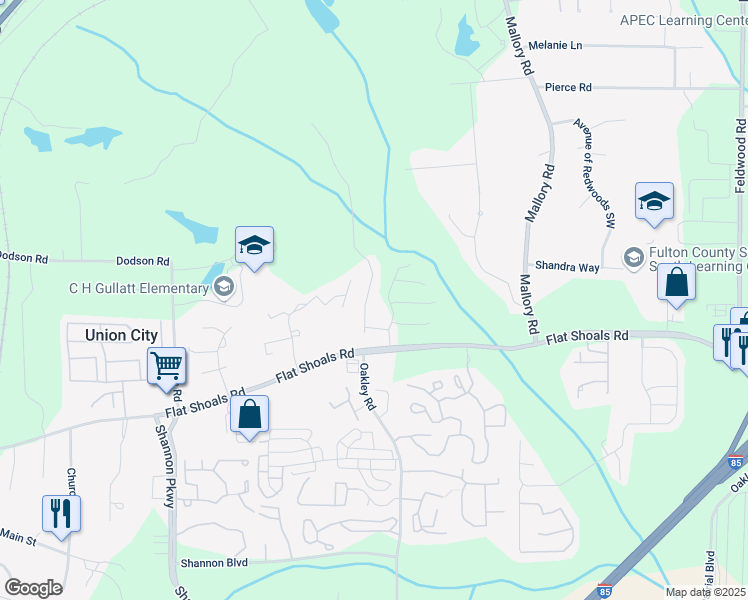 map of restaurants, bars, coffee shops, grocery stores, and more near 6120 Oakley Road in Union City
