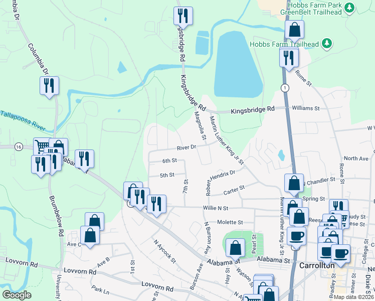 map of restaurants, bars, coffee shops, grocery stores, and more near 360b River Drive in Carrollton