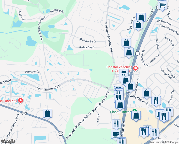 map of restaurants, bars, coffee shops, grocery stores, and more near 9845 Simonton Court in Murrells Inlet