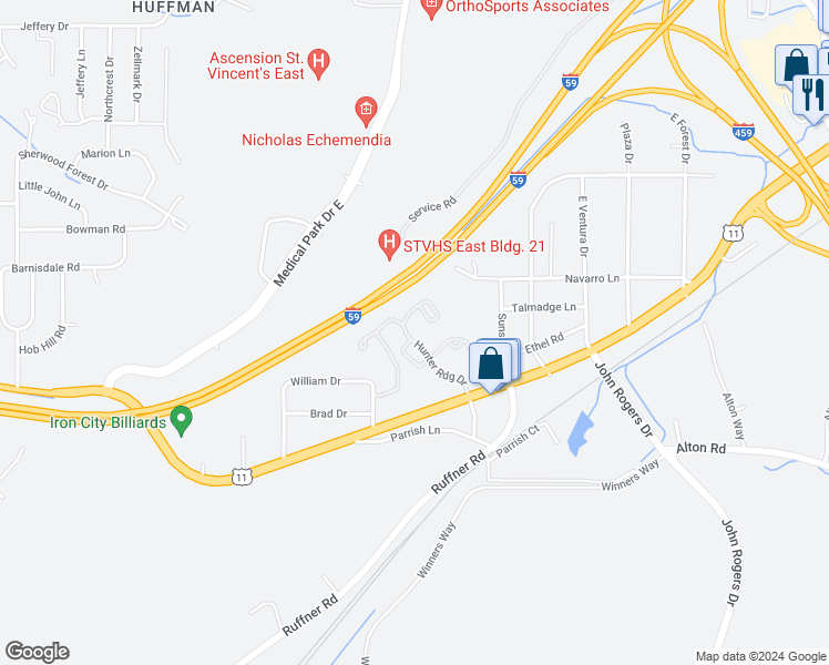 map of restaurants, bars, coffee shops, grocery stores, and more near 2903 Hunter Ridge Court in Birmingham