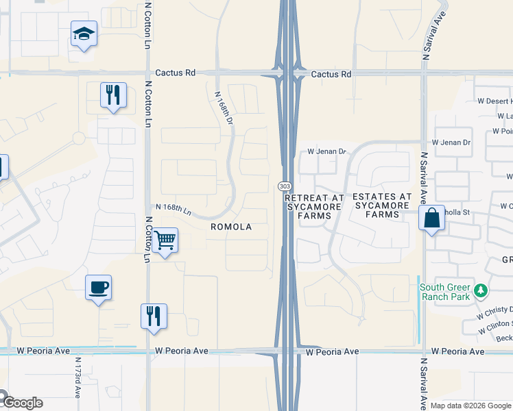 map of restaurants, bars, coffee shops, grocery stores, and more near Bob Stump Memorial Parkway in Surprise