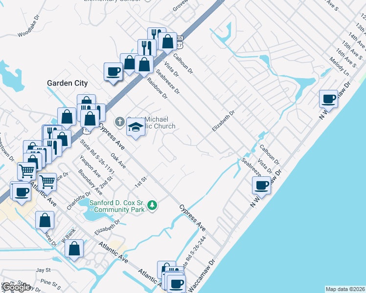 map of restaurants, bars, coffee shops, grocery stores, and more near 517 Bay Dr Exd in Murrells Inlet