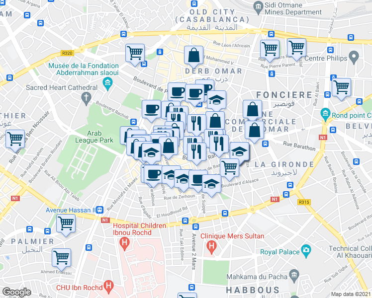 map of restaurants, bars, coffee shops, grocery stores, and more near 11 Rue El Wahda in Dar-el-Beida