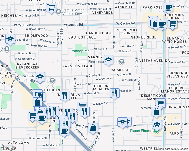 map of restaurants, bars, coffee shops, grocery stores, and more near North 80th Drive in Peoria