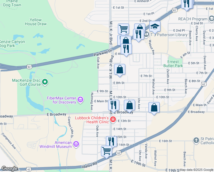 map of restaurants, bars, coffee shops, grocery stores, and more near 820 Martin Luther King Junior Boulevard in Lubbock