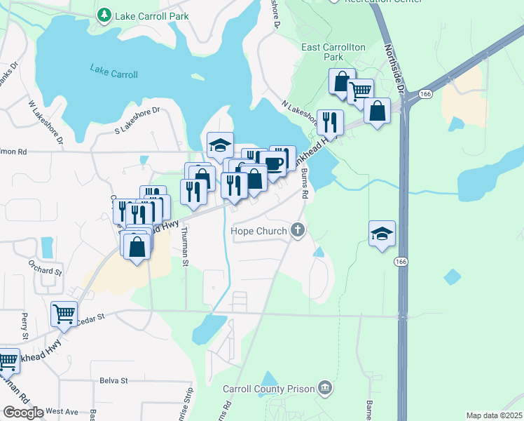 map of restaurants, bars, coffee shops, grocery stores, and more near 113 Shannon Drive in Carrollton