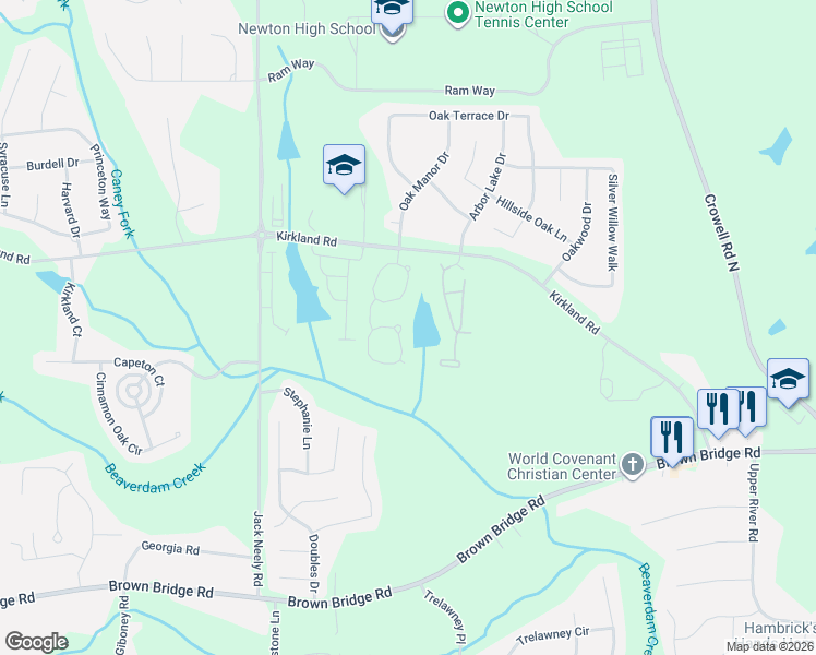 map of restaurants, bars, coffee shops, grocery stores, and more near 75 South Greenfield Circle in Covington