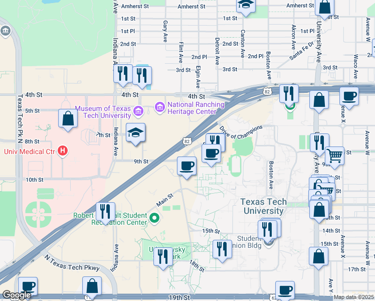 map of restaurants, bars, coffee shops, grocery stores, and more near 3304 9th Street in Lubbock