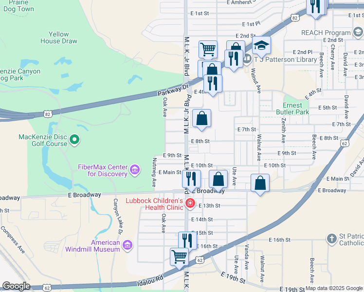 map of restaurants, bars, coffee shops, grocery stores, and more near 820 Martin Luther King Junior Boulevard in Lubbock