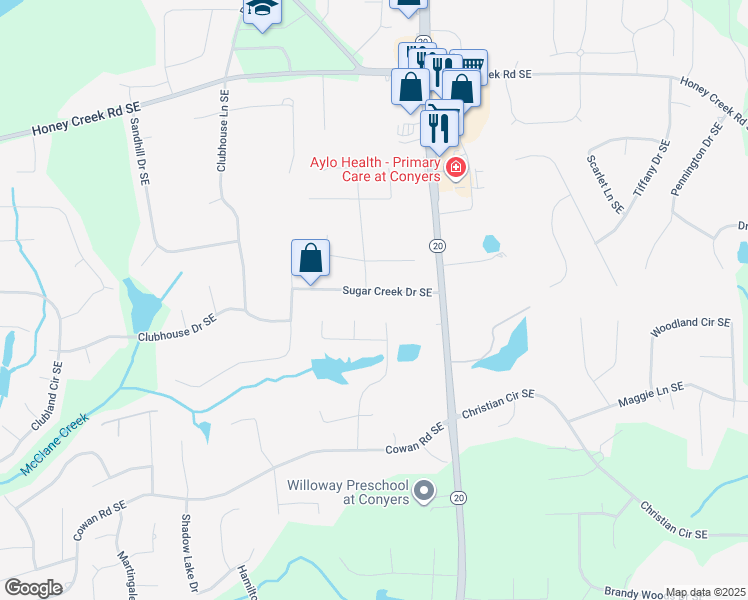 map of restaurants, bars, coffee shops, grocery stores, and more near 3816 Arbor Lane Southeast in Conyers