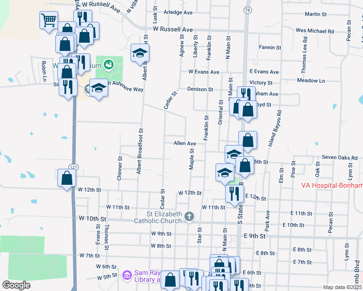 map of restaurants, bars, coffee shops, grocery stores, and more near 505 Allen Avenue in Bonham