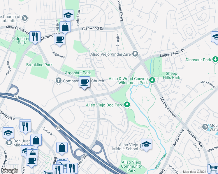 map of restaurants, bars, coffee shops, grocery stores, and more near 33 Larkmead in Aliso Viejo
