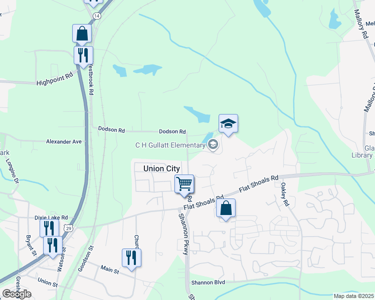 map of restaurants, bars, coffee shops, grocery stores, and more near 5850 Dodson Road in Union City