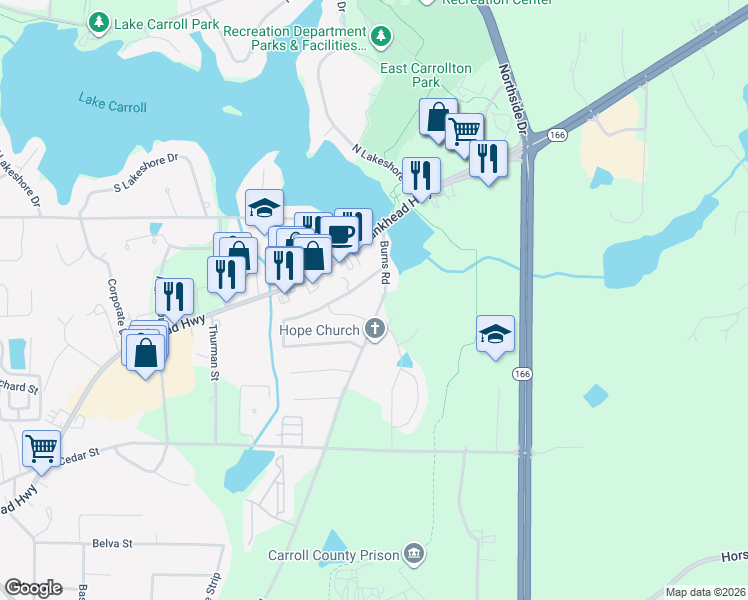 map of restaurants, bars, coffee shops, grocery stores, and more near 109 Shannon Drive in Carrollton