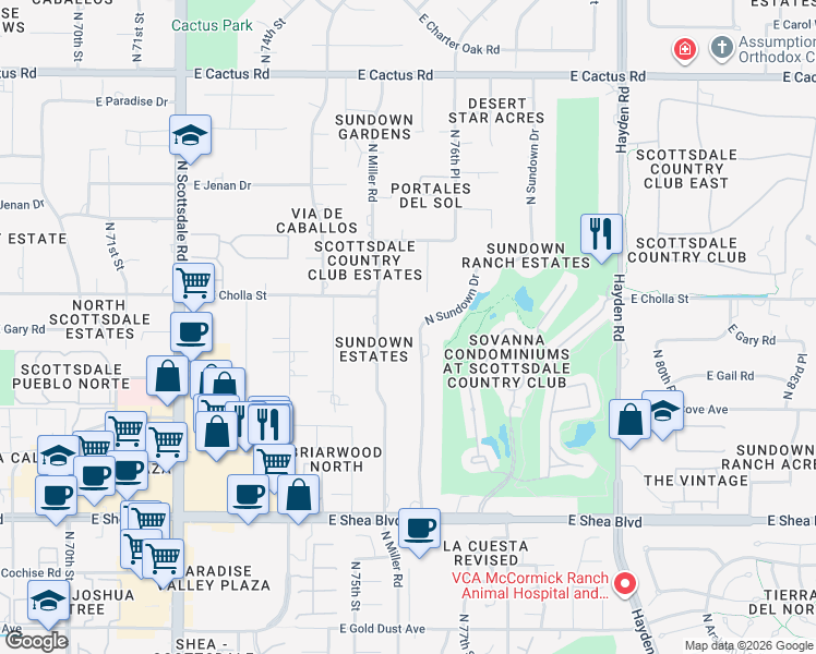 map of restaurants, bars, coffee shops, grocery stores, and more near 11202 North Sundown Drive in Scottsdale