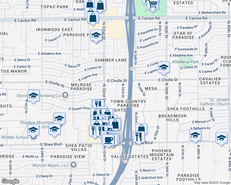 map of restaurants, bars, coffee shops, grocery stores, and more near 11047 North 32nd Place in Phoenix