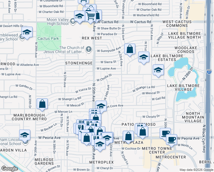 map of restaurants, bars, coffee shops, grocery stores, and more near 3416 West Shangri-la Road in Phoenix