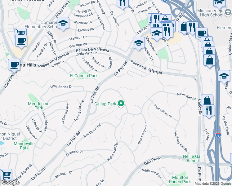 map of restaurants, bars, coffee shops, grocery stores, and more near 25471 Bootstrap Place in Laguna Hills