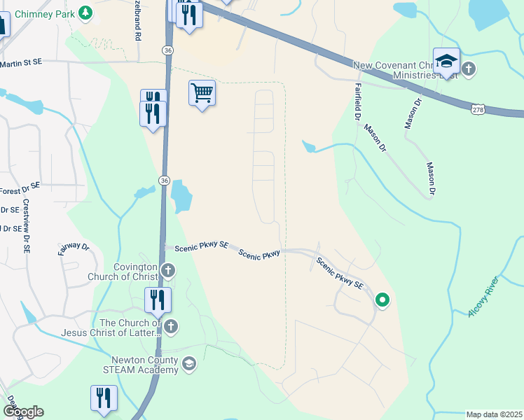 map of restaurants, bars, coffee shops, grocery stores, and more near Suria Drive in Covington