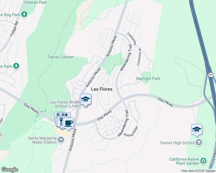 map of restaurants, bars, coffee shops, grocery stores, and more near 2 Grassy Knoll Lane in Rancho Santa Margarita